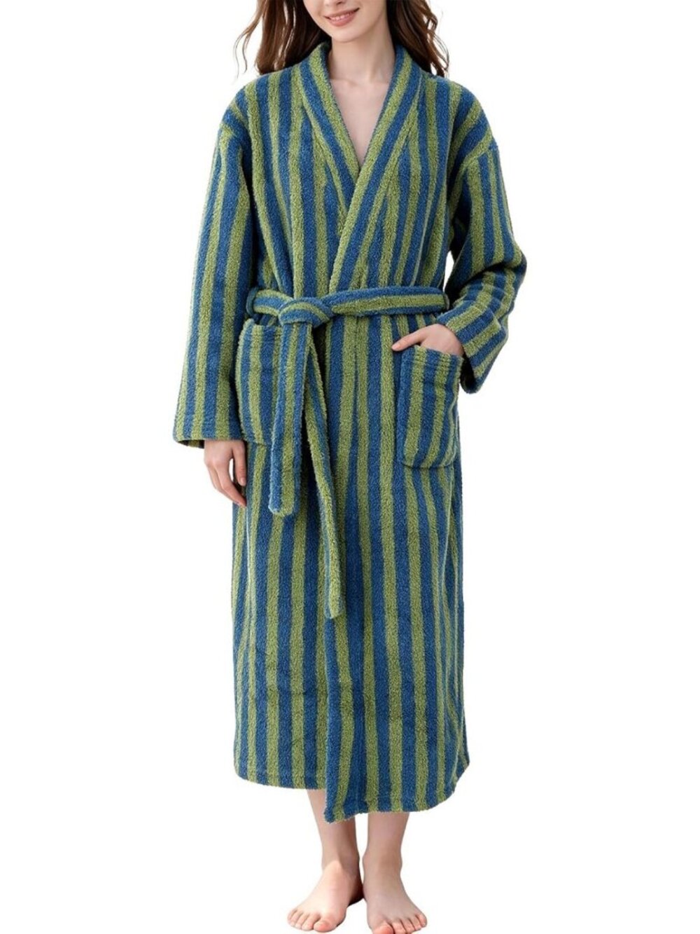 Cozy Striped Plush Robe | Fluffy Long Fuzzy Warm Bathrobe for Women